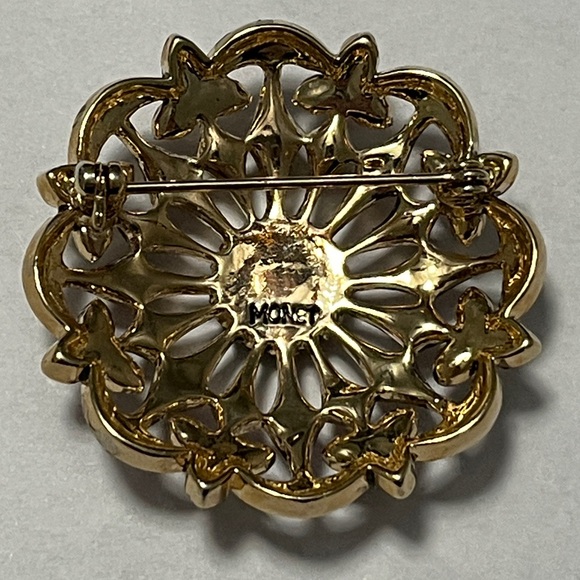 Vintage Monet Gold-Tone and Orange Brooch with Green Center - Picture 2 of 13